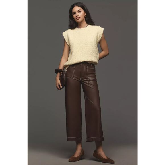 Anthropologie The Colette Faux-Leather Top-Stitch Crop Wide Leg Pants Maeve 32 - Picture 1 of 8
